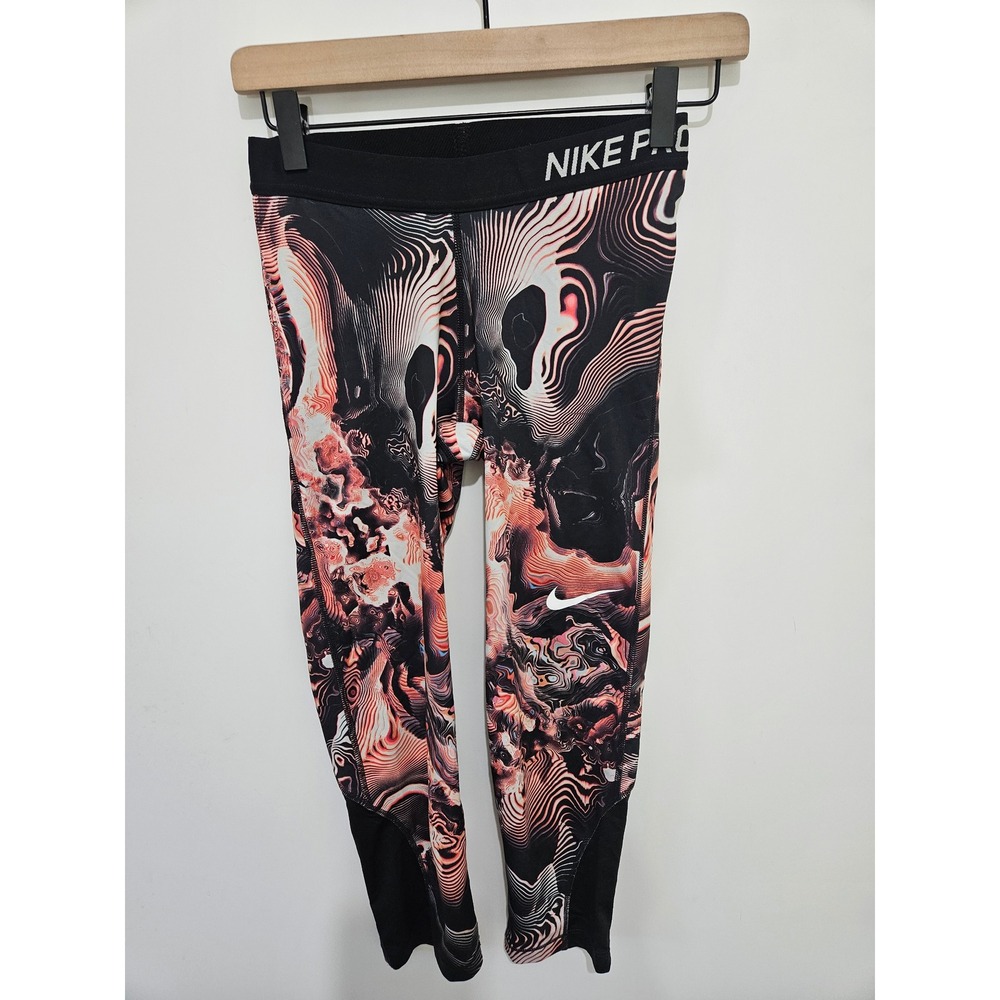 Nike Pro Dri-FIT Women Abstract Print Cropped Leggings Black Coral Small